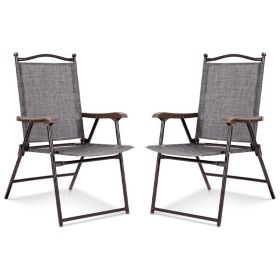 Set of 2 Patio Folding Sling Back Camping Deck Chairs - Gray