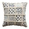 18 x 18 Square Cotton Accent Throw Pillow; Fluffy Fringes; Soft Block Print Raised Pattern; Cream; Blue - as Pic