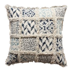 18 x 18 Square Cotton Accent Throw Pillow; Fluffy Fringes; Soft Block Print Raised Pattern; Cream; Blue - as Pic