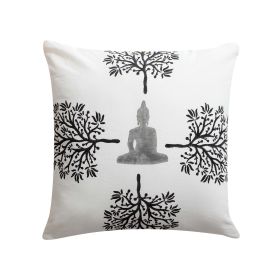 18 x 18 Square Cotton Accent Throw Pillow; Meditating Buddha; Tree Print; White; Black - as Pic