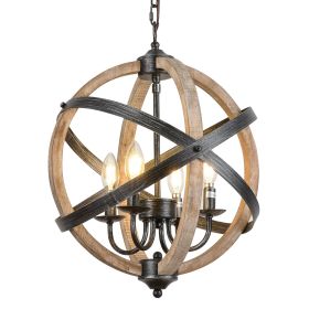 Farmhouse Chandelier Light Fixtures; 4-Light Adjustable Height Dining Room Wood Light Fixtures - as Pic