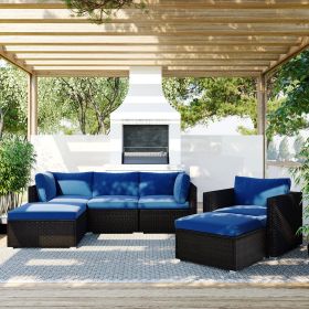 6PCS Outdoor Patio Sectional All Weather PE Wicker Rattan Sofa Set with Glass Table, Blue Cushion+ Brown Wicker - Blue