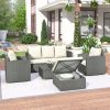 Outdoor Patio 5-Piece All-Weather PE Wicker Rattan Sectional Sofa Set with Multifunctional Table and Ottoman, Gray Wicker+ Beige Cushion - Gray+Beige