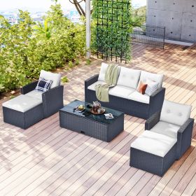 6-piece All-Weather Wicker PE rattan Patio Outdoor Dining Conversation Sectional Set with coffee table, ottomans, removable cushions - Beige