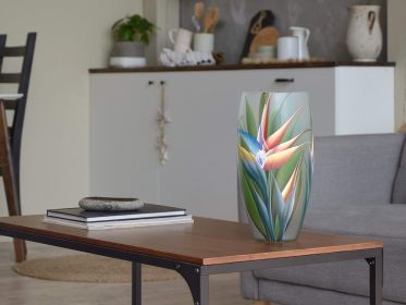 Handpainted Glass Vase for Flowers | Strelitzia Painted Art Glass Oval Vase | Interior Design Home Decor 12 inch. - Green - 300