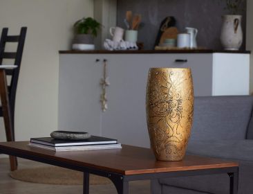 Gold Handpainted Glass Vase for Flowers | Painted Art Glass Oval Vase | Interior Design Home Decor | Vintage Table vase 12 inch. - Gold - 300