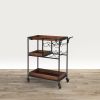 30 Inch Handcrafted Mango Wood Bar Serving Cart with Caster Wheels; 6 Bottle Holders; Tray Shelves; Brown and Black; DunaWest