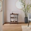 30 Inch Handcrafted Mango Wood Bar Serving Cart with Caster Wheels; 6 Bottle Holders; Tray Shelves; Brown and Black; DunaWest