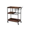 30 Inch Handcrafted Mango Wood Bar Serving Cart with Caster Wheels; 6 Bottle Holders; Tray Shelves; Brown and Black; DunaWest