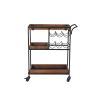 30 Inch Handcrafted Mango Wood Bar Serving Cart with Caster Wheels; 6 Bottle Holders; Tray Shelves; Brown and Black; DunaWest