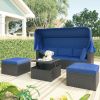 Outdoor Patio Rectangle Daybed with Retractable Canopy, Wicker Furniture Sectional Seating with Washable Cushions - Blue