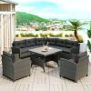 6-Piece Outdoor Wicker Sofa Set, Patio Rattan Dinning Set, Sectional Sofa with Thick Cushions and Pillows, Plywood Table Top- Gray