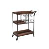 30 Inch Handcrafted Mango Wood Bar Serving Cart with Caster Wheels; 6 Bottle Holders; Tray Shelves; Brown and Black; DunaWest