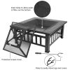 32 Inch Heavy Duty 3 in 1 Metal Square Patio Firepit Table BBQ Garden Stove with Spark Screen Cover Log Grate and Poker for Outside Wood Burning