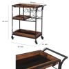 30 Inch Handcrafted Mango Wood Bar Serving Cart with Caster Wheels; 6 Bottle Holders; Tray Shelves; Brown and Black; DunaWest