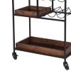 30 Inch Handcrafted Mango Wood Bar Serving Cart with Caster Wheels; 6 Bottle Holders; Tray Shelves; Brown and Black; DunaWest