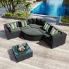 7-piece Outdoor Wicker Sofa Set; Rattan Sofa Lounger; With Striped Green Pillows; Conversation Sofa; - Gray