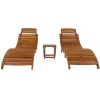 TOPMAX Outdoor Patio Wood Portable Extended Chaise Lounge Set with Foldable Tea Table; Brown Finish+Dark Gray Cushion - as Pic