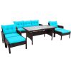 6-Piece Outdoor Patio PE Wicker Rattan Sofa Set Dining Table Set with Removable Cushions and Tempered Glass Tea Table for Backyard- Blue