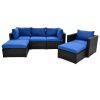 6PCS Outdoor Patio Sectional All Weather PE Wicker Rattan Sofa Set with Glass Table, Blue Cushion+ Brown Wicker - Blue