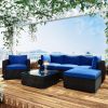 6PCS Outdoor Patio Sectional All Weather PE Wicker Rattan Sofa Set with Glass Table, Blue Cushion+ Brown Wicker - Blue
