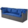 Outdoor Patio Rectangle Daybed with Retractable Canopy, Wicker Furniture Sectional Seating with Washable Cushions - Blue