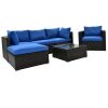6PCS Outdoor Patio Sectional All Weather PE Wicker Rattan Sofa Set with Glass Table, Blue Cushion+ Brown Wicker - Blue