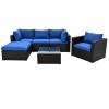 6PCS Outdoor Patio Sectional All Weather PE Wicker Rattan Sofa Set with Glass Table, Blue Cushion+ Brown Wicker - Blue