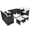 vidaXL 9 Piece Patio Dining Set with Cushions Poly Rattan Black - Black