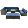 9 Piece Rattan Sectional Seating Group with Cushions and Ottoman, Patio Furniture Sets, Outdoor Wicker Sectional - Blue