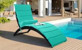 Patio Wicker Sun Lounger, PE Rattan Foldable Chaise Lounger with Removable Cushion and Bolster Pillow, Black Wicker and Beige Cushion - Blue