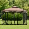9.8Ft. Wx9.8Ft.L Outdoor Iron Vented Dome Top Patio Gazebo with Netting for Backyard; Poolside and Deck; Brown - Brown