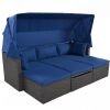 Outdoor Patio Rectangle Daybed with Retractable Canopy, Wicker Furniture Sectional Seating with Washable Cushions - Blue