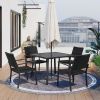 Outdoor Patio PE Wicker 5-Piece Dining Table Set with Umbrella Hole and 4 Dining Chairs for Garden, Deck,Black Frame+Black Rattan - Black